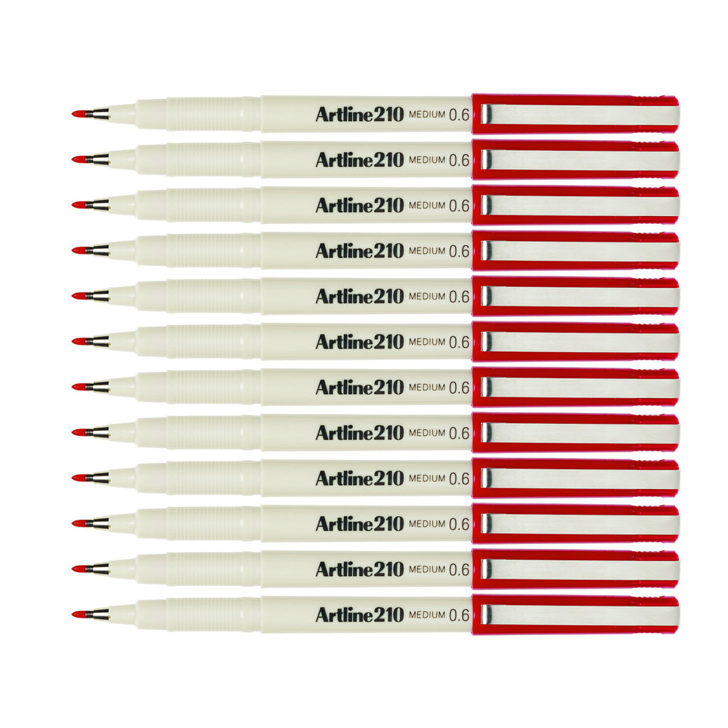12pcs Artline 210 Medium 0.6mm Fineliner Pen - Red