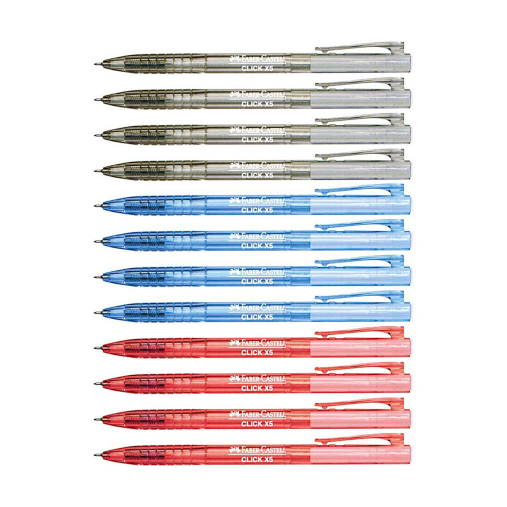 12pcs Faber Castell Click X5 Retractable Ball Point Pen 0.5mm - Black, Blue, Red
