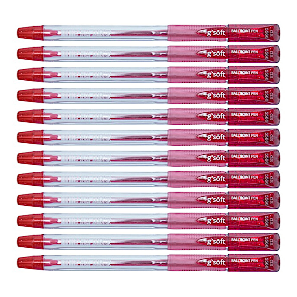 12pcs G'Soft 5566 Semi Gel Ball Pen 0.6mm Bullet Tip - Red