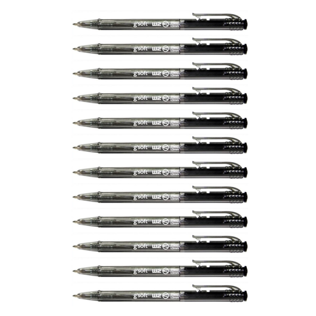 12pcs G'Soft W2 1.0mm Retractable Ball Pen - Black
