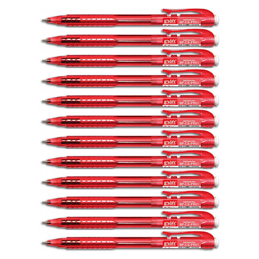 12pcs G'Soft P901 Retractable Ball Pen Needle Tip 0.5mm - Red