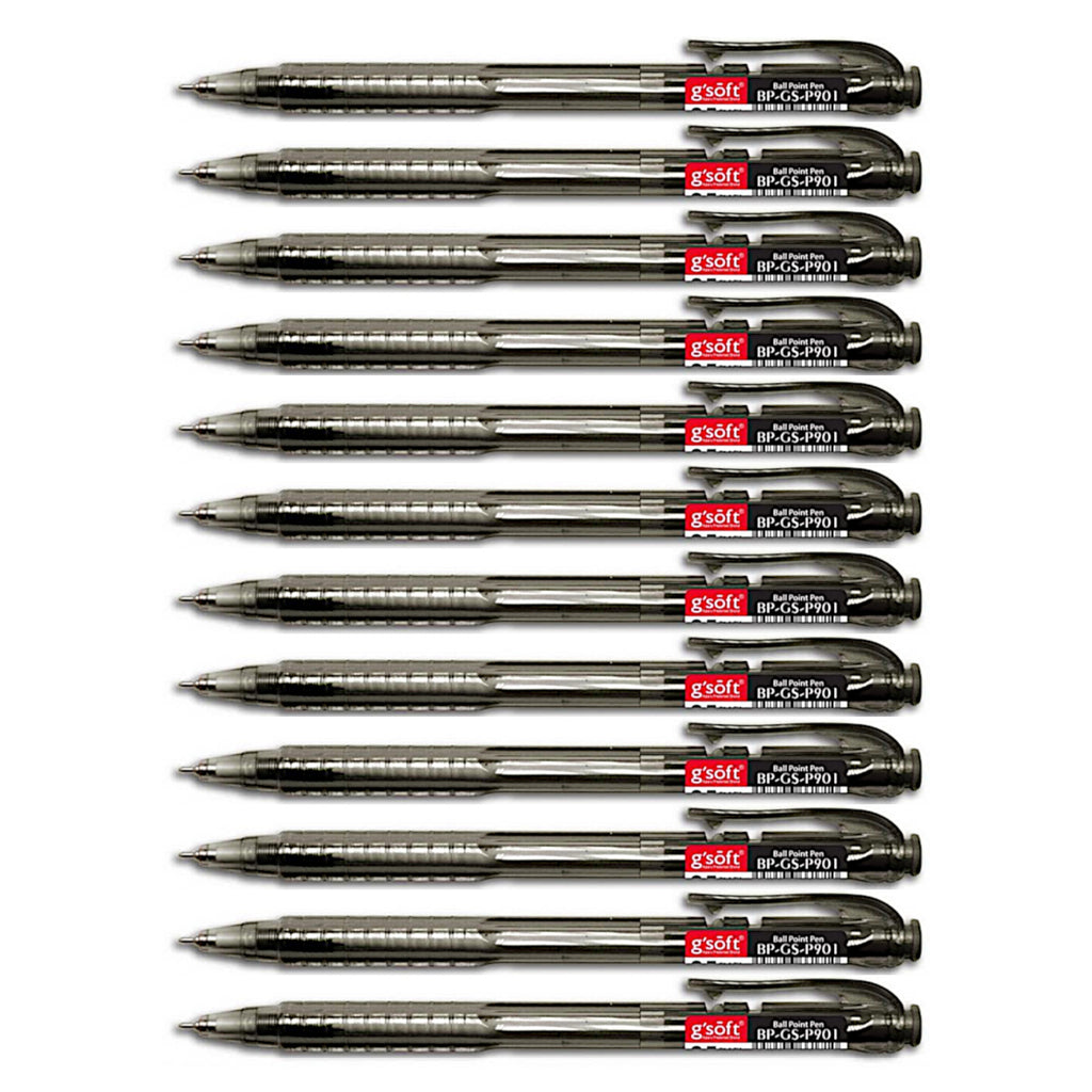12pcs G'Soft P901 Retractable Ball Pen Needle Tip 0.7mm - Black