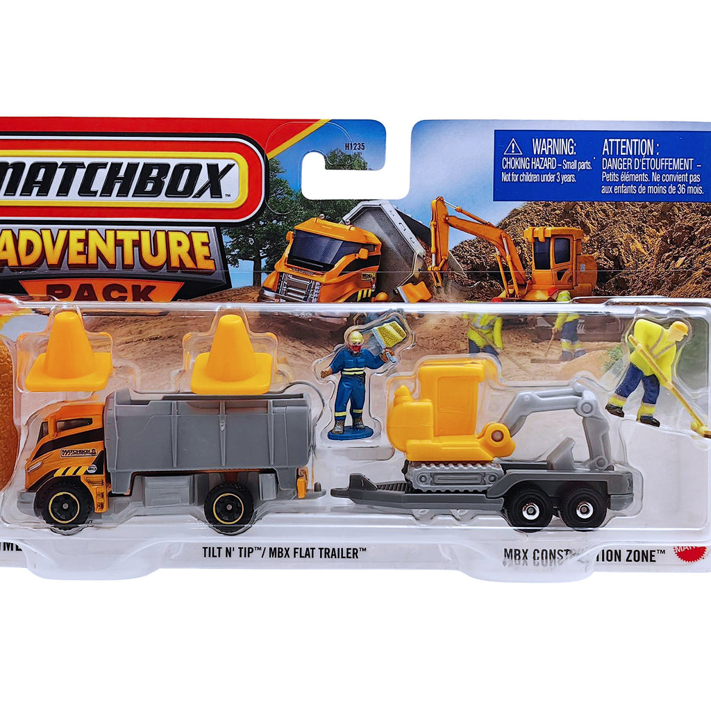 Matchbox Hitch & Haul Adventure Pack MBX Construction Zone | Tilt N' Tip / MBX Flat Trailer - Grey (JCN10)