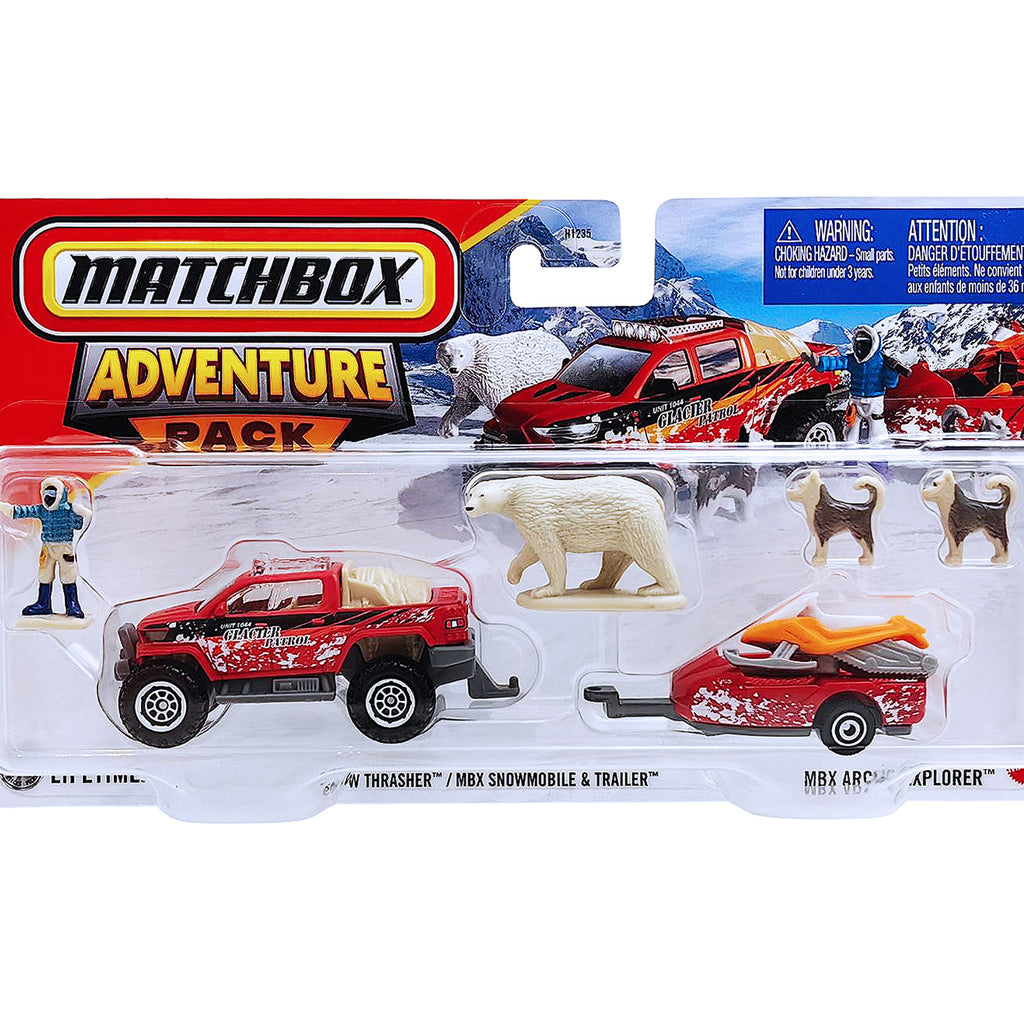 Matchbox Hitch & Haul Adventure Pack MBX Artic Explorer | Snow Trasher / Snowmobile & Trailer -Red (JCN15)