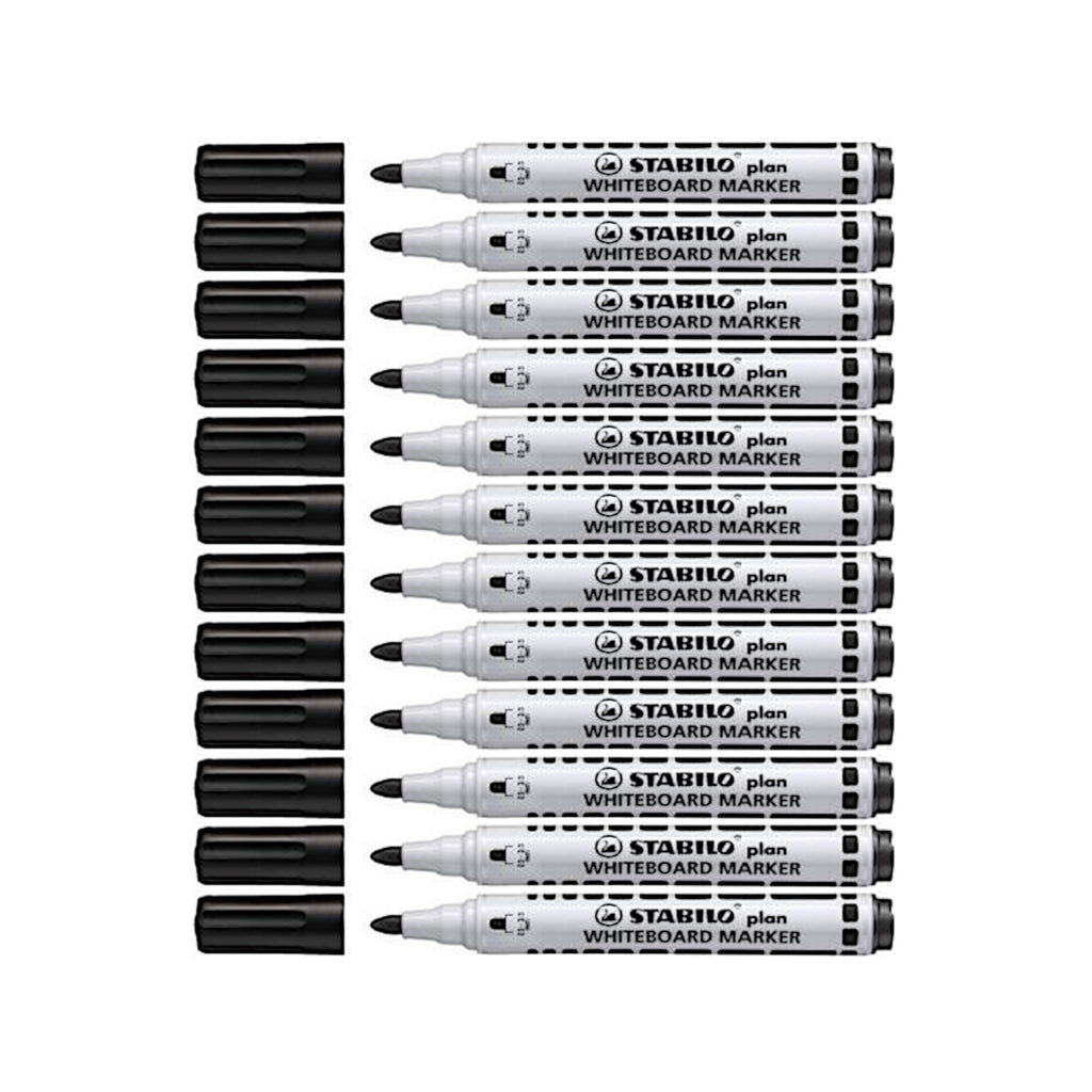 12pcs Stabilo Plan Whiteboard Marker - Bullet/Round Tip - Black