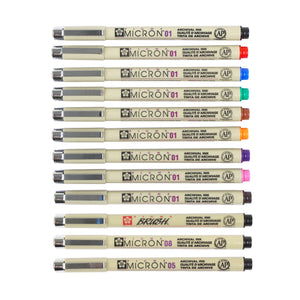 Sakura Pigma Micron + Brush | 9 Micron01 + Micron05 + Micron08 + Brush | Set of 12 Pens