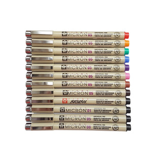 Sakura Pigma Micron + Brush | 9 Micron05 + Micron01 + Micron08 + Brush | Set of 12 Pens