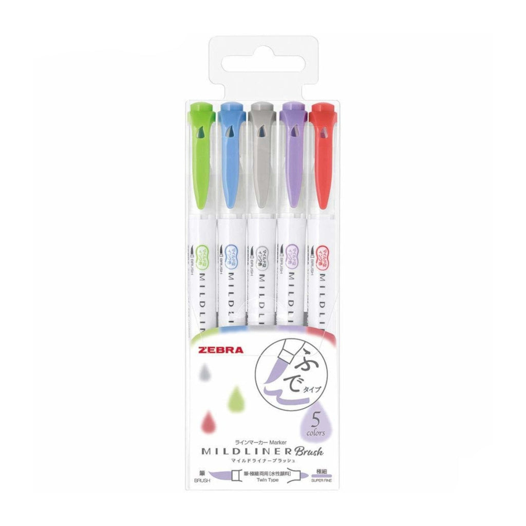Zebra Mildliner Brush | Double Sided Highlighter - 5 Colour Set | Cool Colour Set