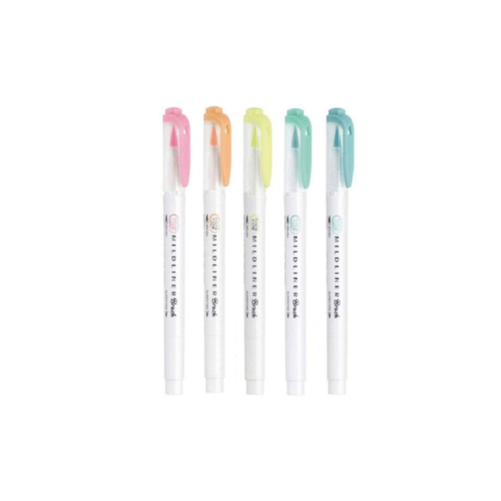 Zebra Mildliner Brush | Double Sided Highlighter - 5 Colour Set | Pastel Fluorescent