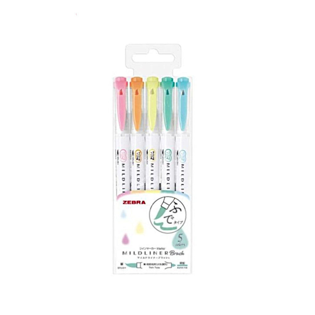 Zebra Mildliner Brush | Double Sided Highlighter - 5 Colour Set | Pastel Fluorescent
