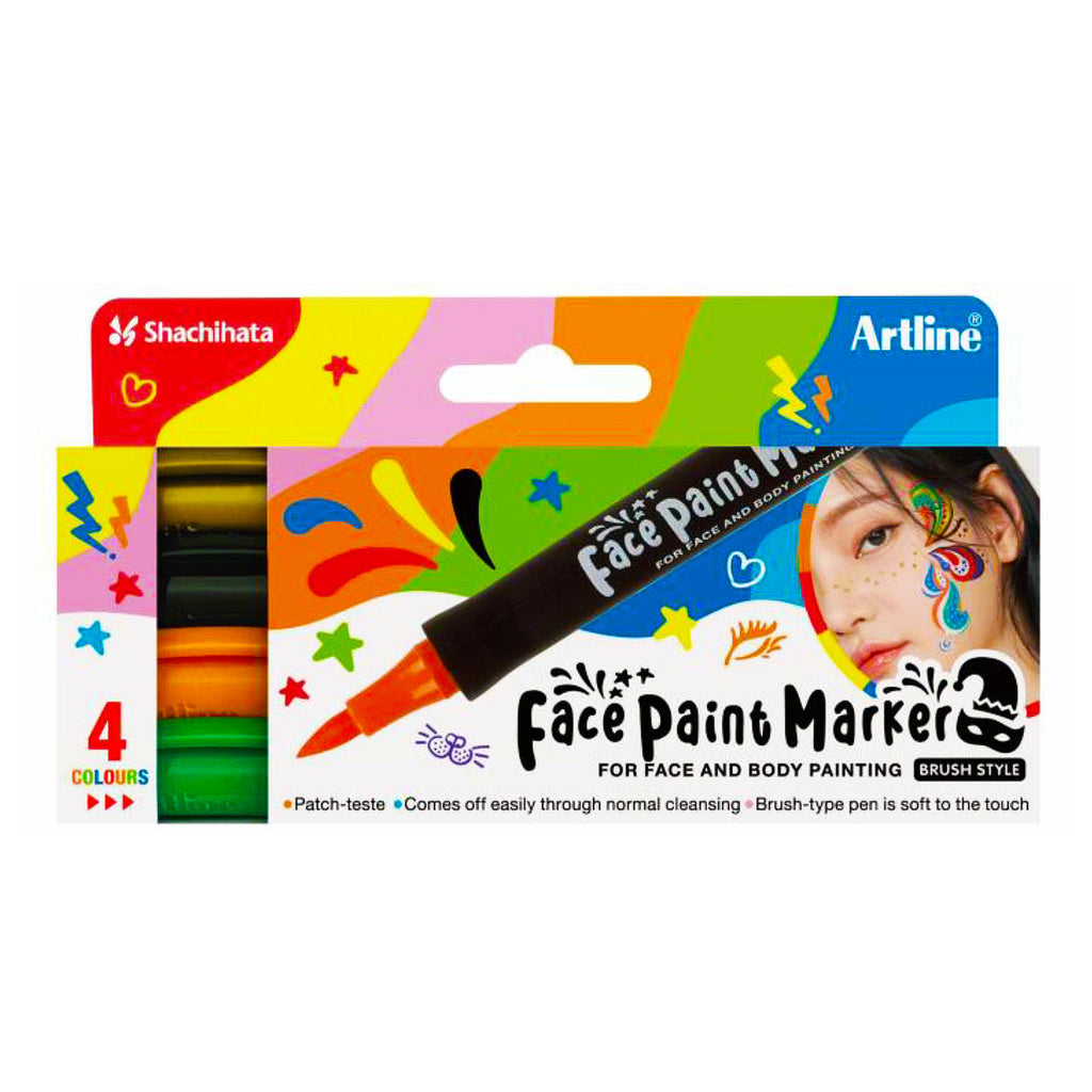 Artline Face Paint Marker | Brush Pen 4pc Set #1 (Gold,Black, Pastel Orange, Pastel Green)