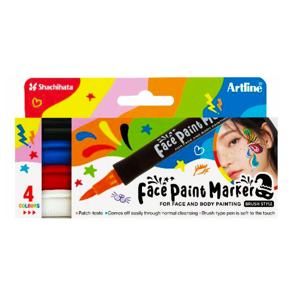 Artline Face Paint Marker | Brush Pen 4pc Set#2 (Black,Blue,Red,White)