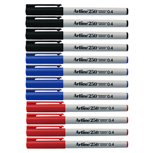 12pcs Artline 250 Permanent Marker Pen 0.4mm - Black,Blue,Red