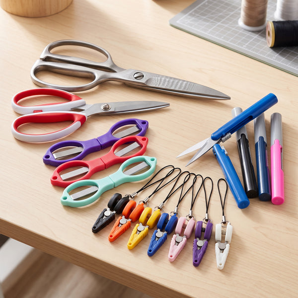 A set of colorful loop scissors and small utility scissors arranged on a light wood tabletop