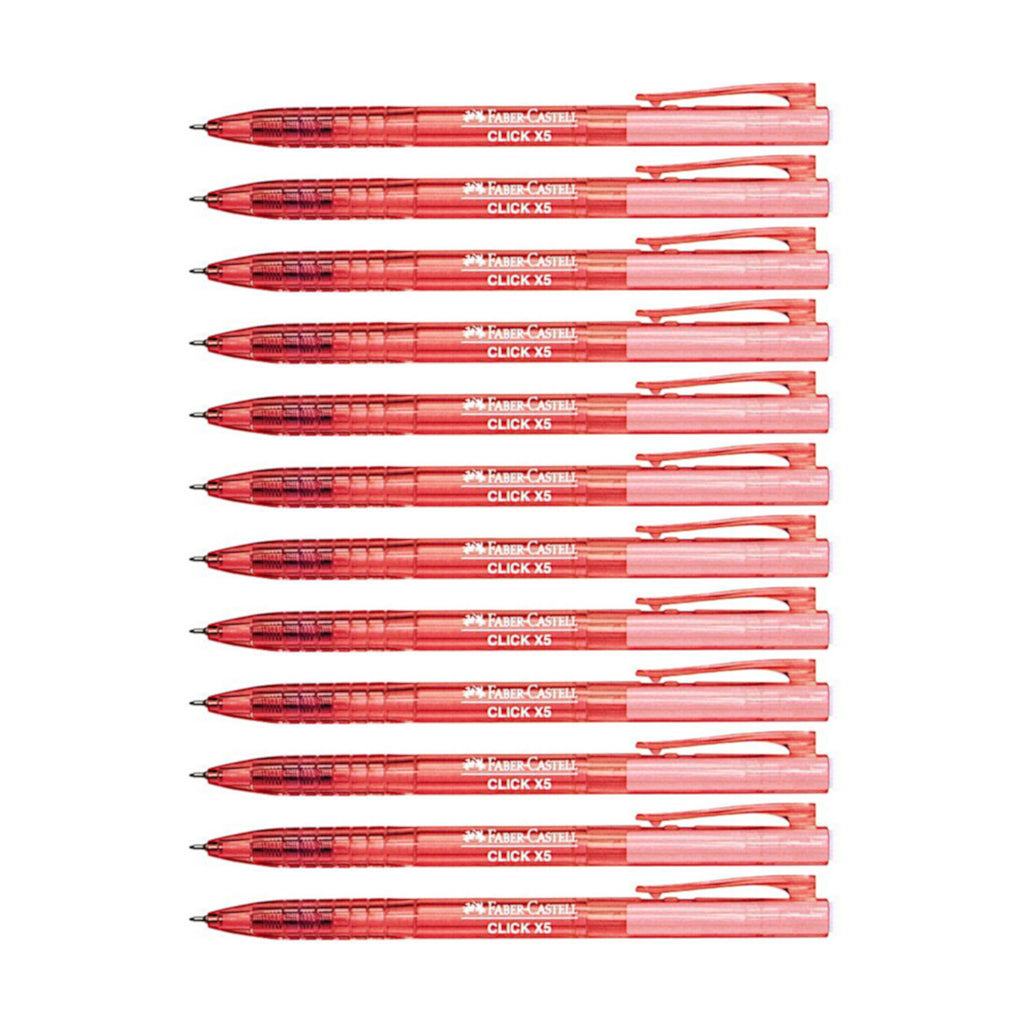 12pcs Faber Castell Click X5 Retractable Ball Point Pen 0.5mm - Red