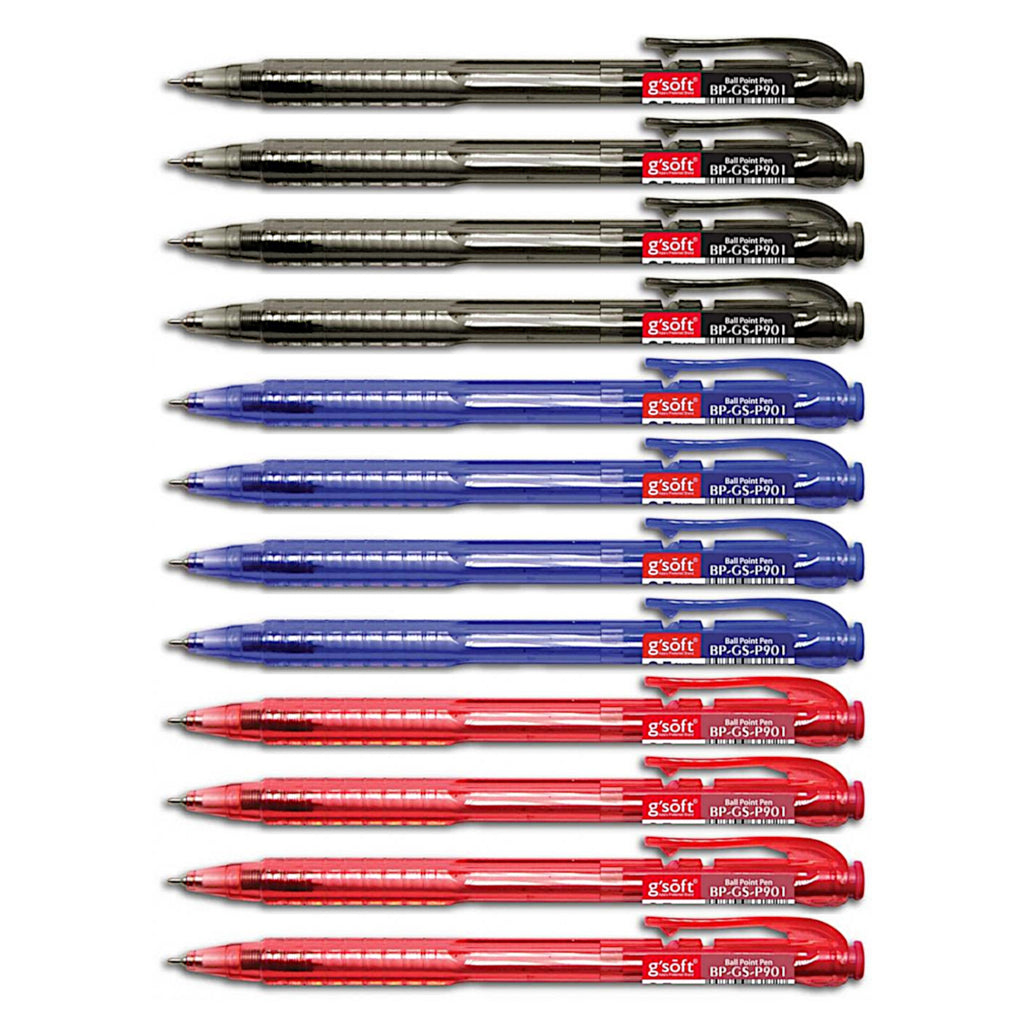 12pcs G'Soft P901 Retractable Ball Pen Needle Tip 0.7mm - Black , Blue, Red