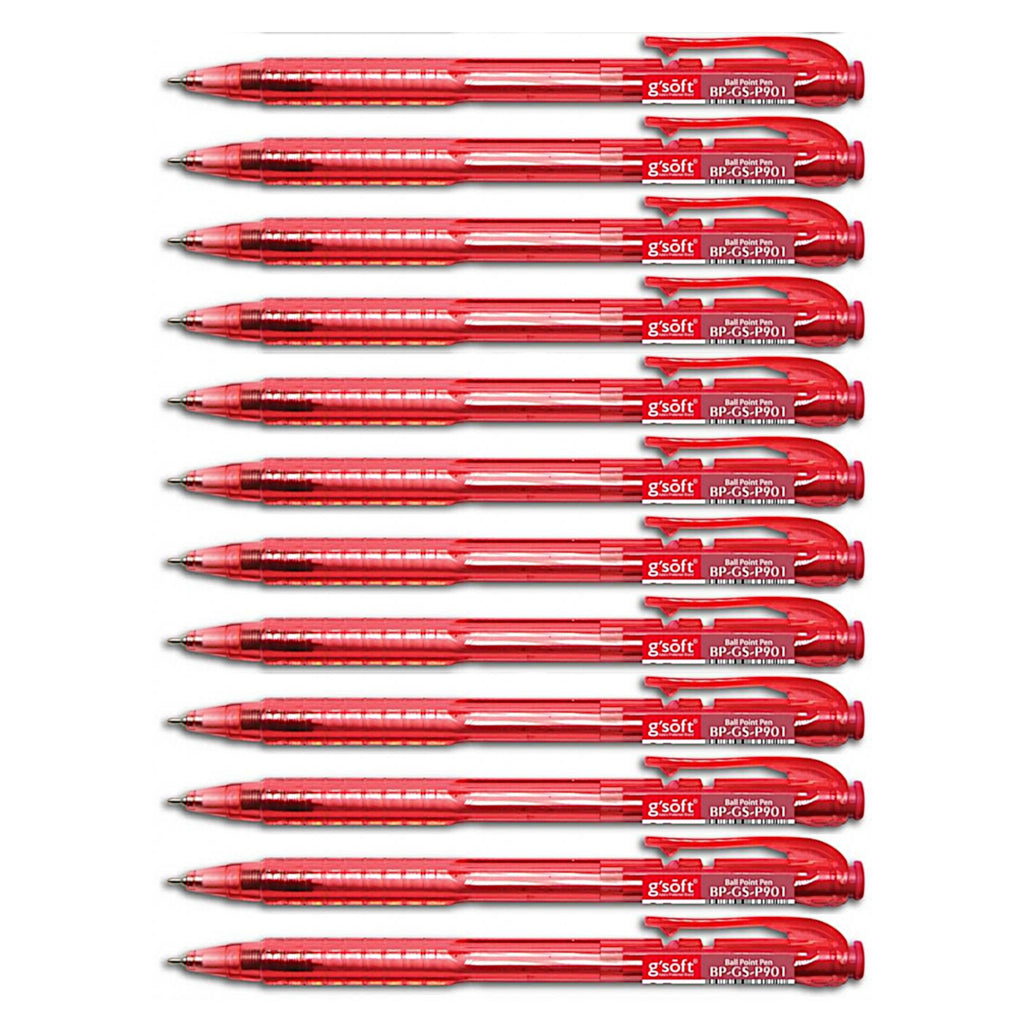12pcs G'Soft P901 Retractable Ball Pen Needle Tip 0.7mm - Red