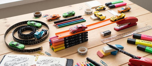 A styled flat-lay of various stationery and toy items arranged on a light wood desk, including a spiral race track, small toy cars, colored pencils, markers, washi tape, paper clips, an open sketchbook with car designs, and a red stapler.