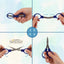 A four-panel instructional graphic showing a pair of compact folding scissors being opened and closed by hands | Foldy Folding Scissors Compact Small Scissors