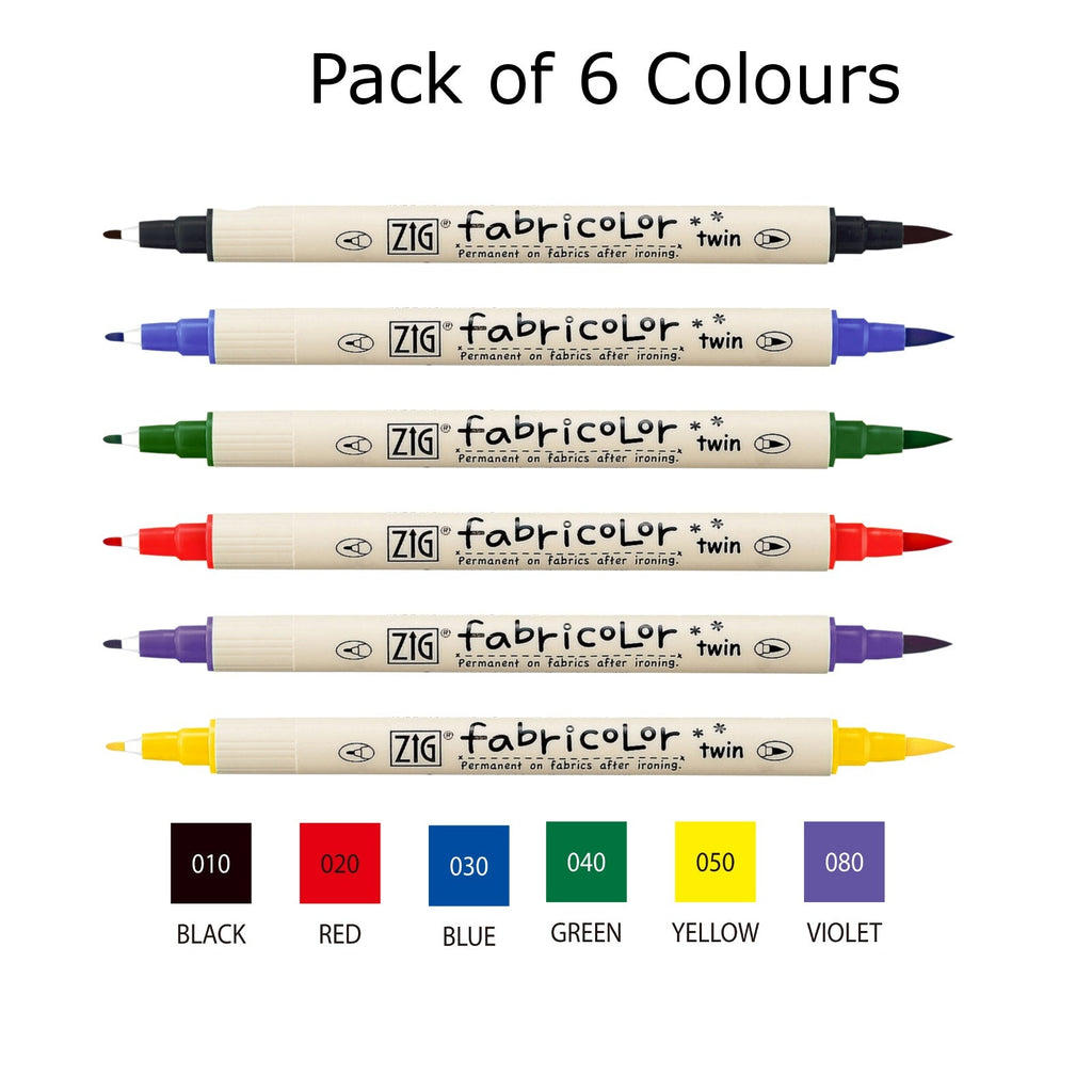 Zig Kuretake Fabricolor | Dual Tip - Pack of 6 Colours