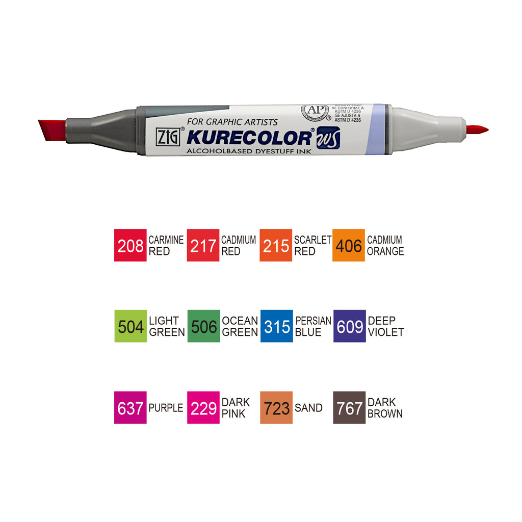 ZIG Kuretake Kurecolor Twin WS Marker - Set of 12 Pens - Brilliant Colours