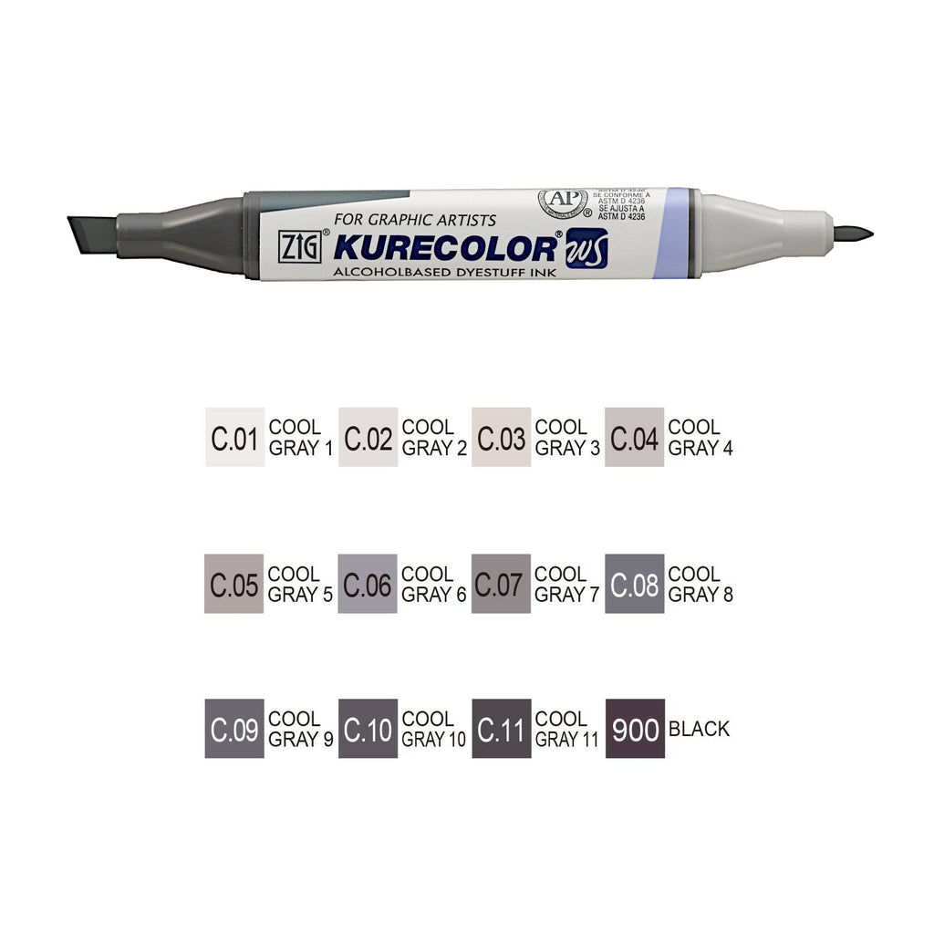 ZIG Kuretake Kurecolor Twin WS Marker - Set of 12 Pens - Cool Grey Colours