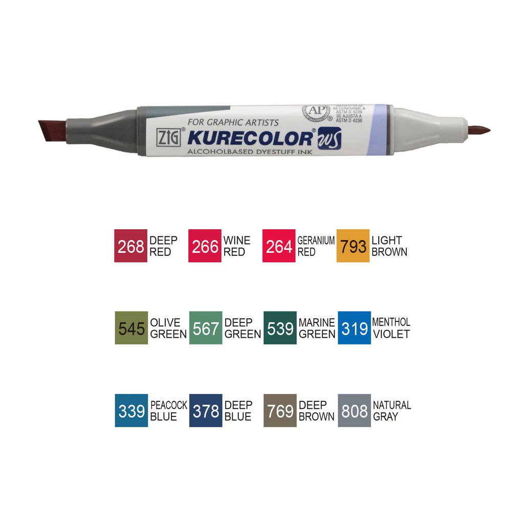 ZIG Kuretake Kurecolor Twin WS Marker - Set of 12 Pens -Deep Colours