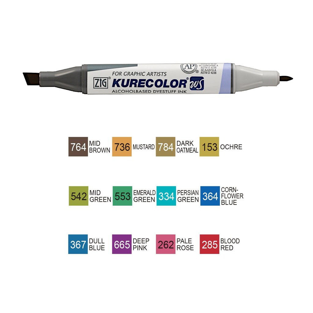 ZIG Kuretake Kurecolor Twin WS Marker - Set of 12 Pens - Dull Colours