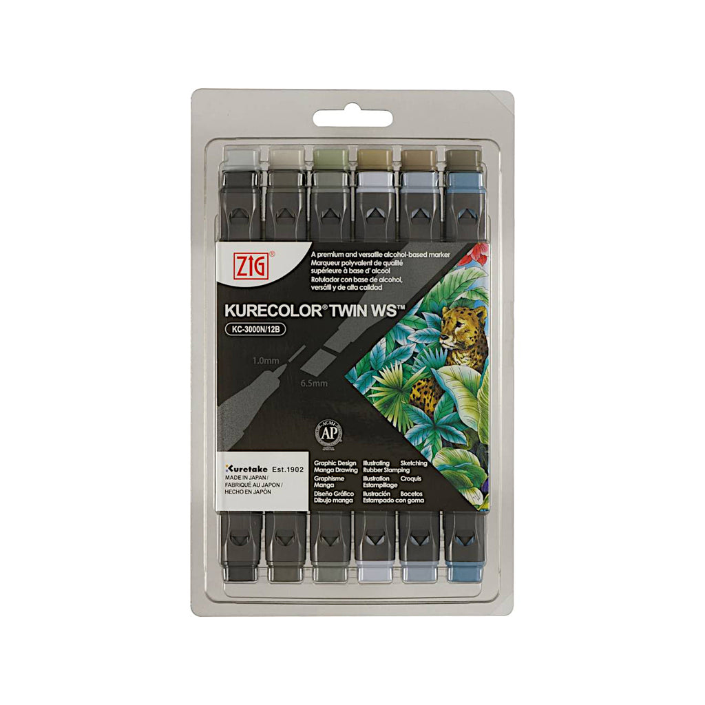 ZIG Kuretake Kurecolor Twin WS Marker - Set of 12 Pens - Gray Colours
