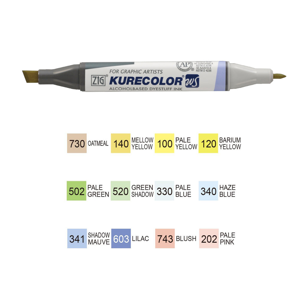 ZIG Kuretake Kurecolor Twin WS Marker - Set of 12 Pens - Pale Colours