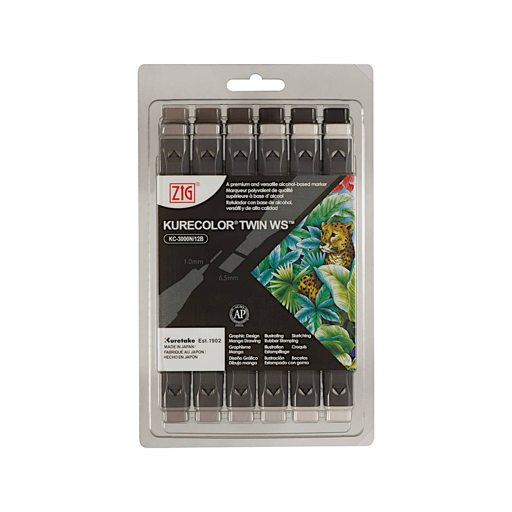 ZIG Kuretake Kurecolor Twin WS Marker - Set of 12 Pens - Warm Grey Colours