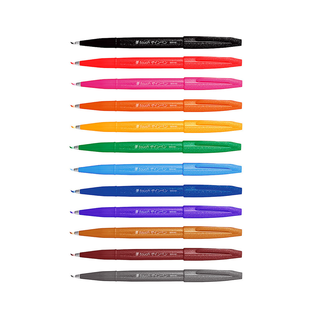 Pentel Fude Touch Brush Pen Sign Pen | 12 Assorted Color Pens