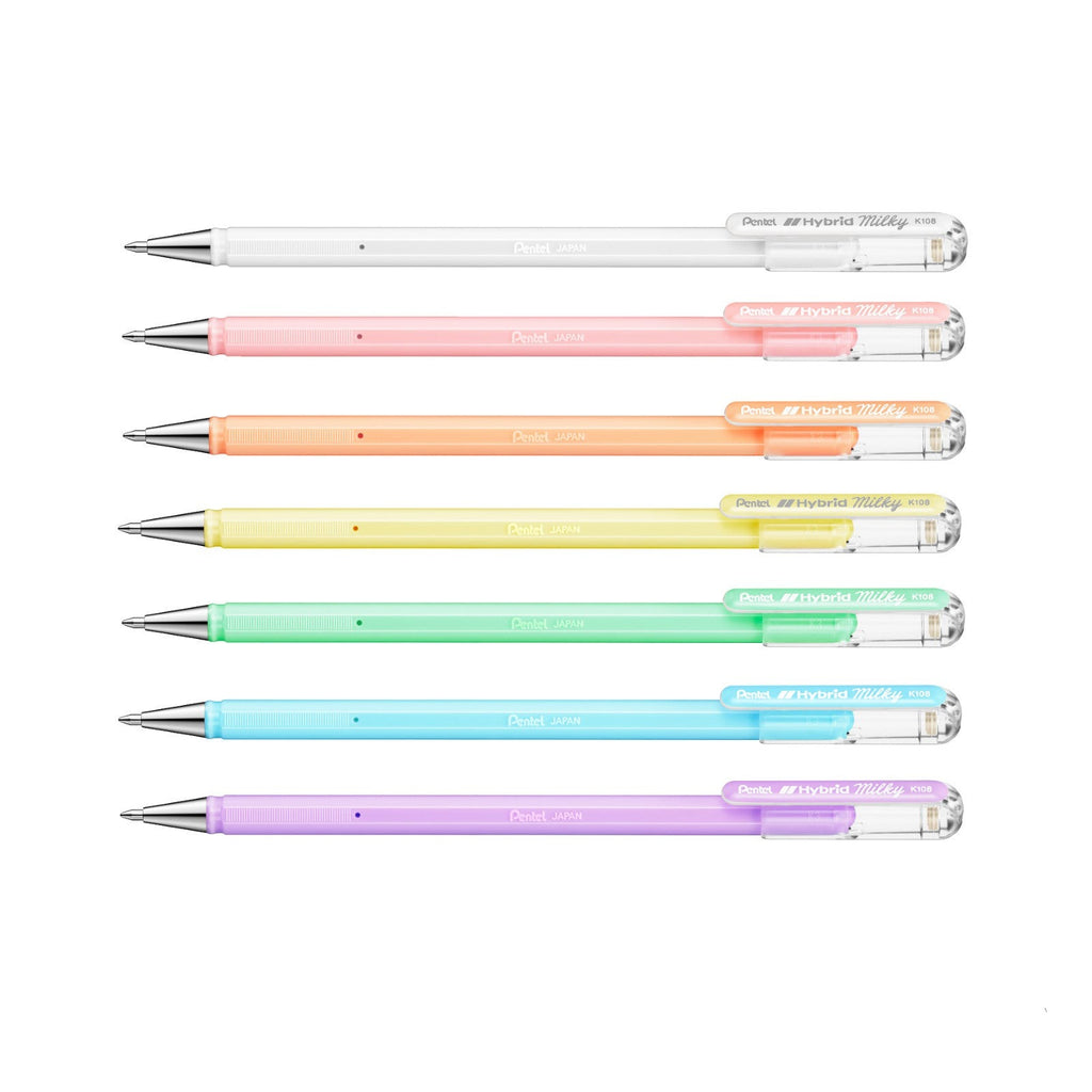 Pentel Hybrid Milky 0.8mm Gel Roller Pens | 7 Assorted Pastel Colour 