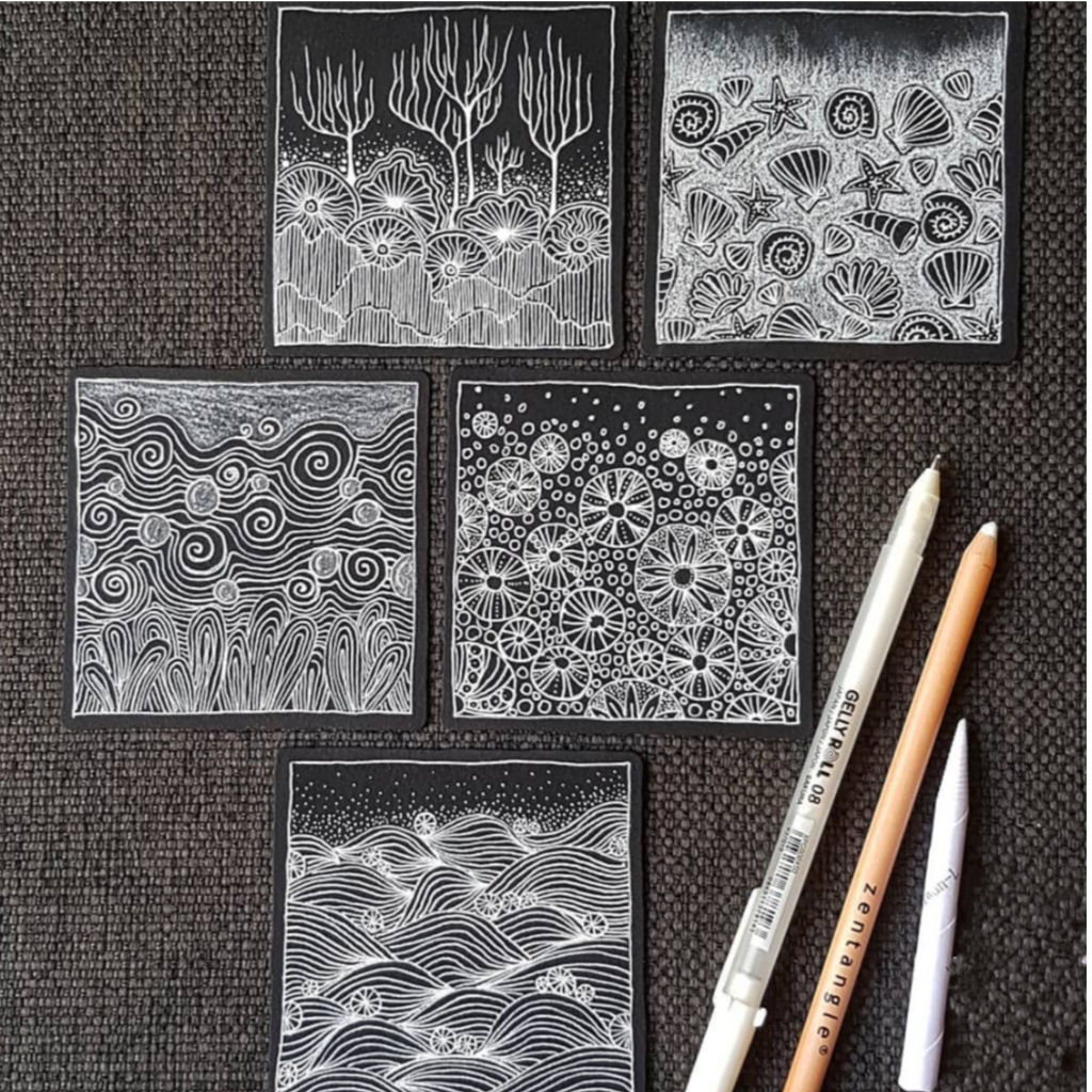 Sakura Moonlight pens on black paper  Black paper drawing, Tangle art,  Zentangle patterns